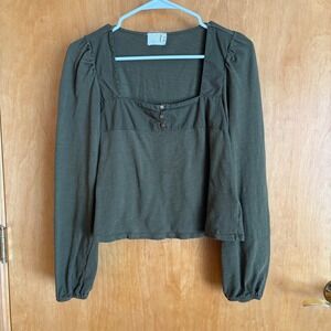 Nation LTD Women's Square‎ Neck Long Sleeve Olive Green Top, Size XS 1383JJR